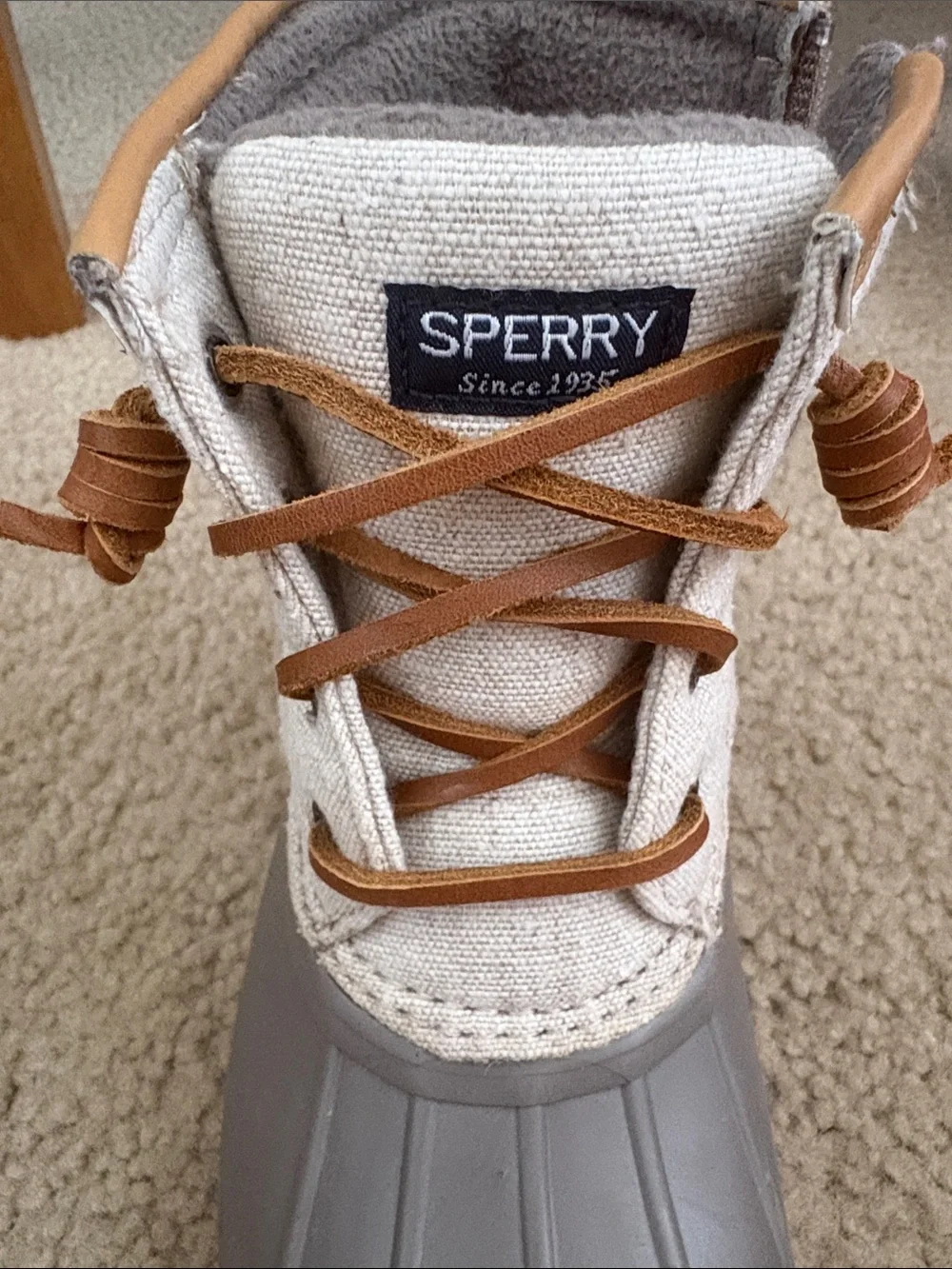 Sperry Kids Gray Duck Boots with Pink Trim and Tan Laces